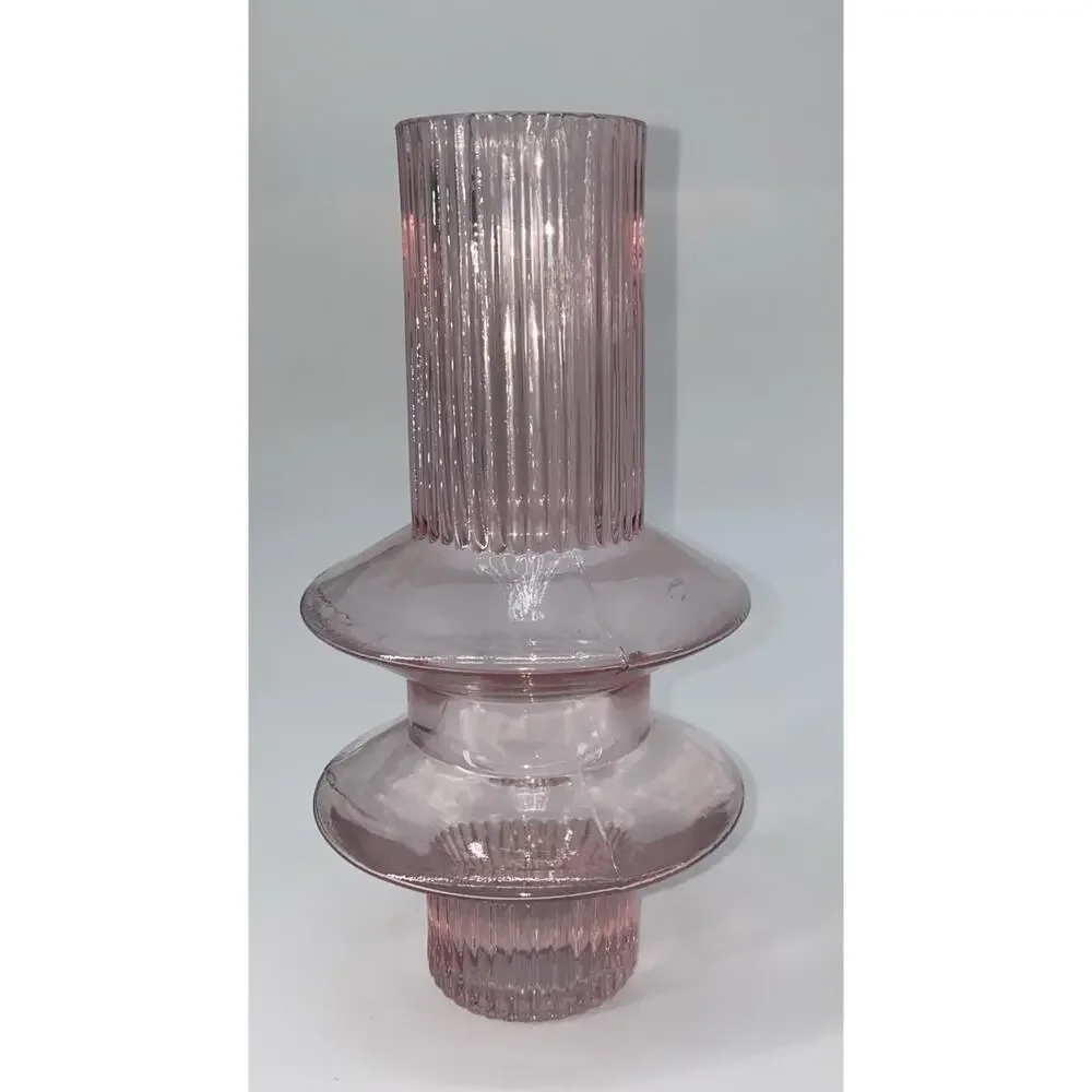Vintage pink glass vase unusual shape fluted stem 9” Tall